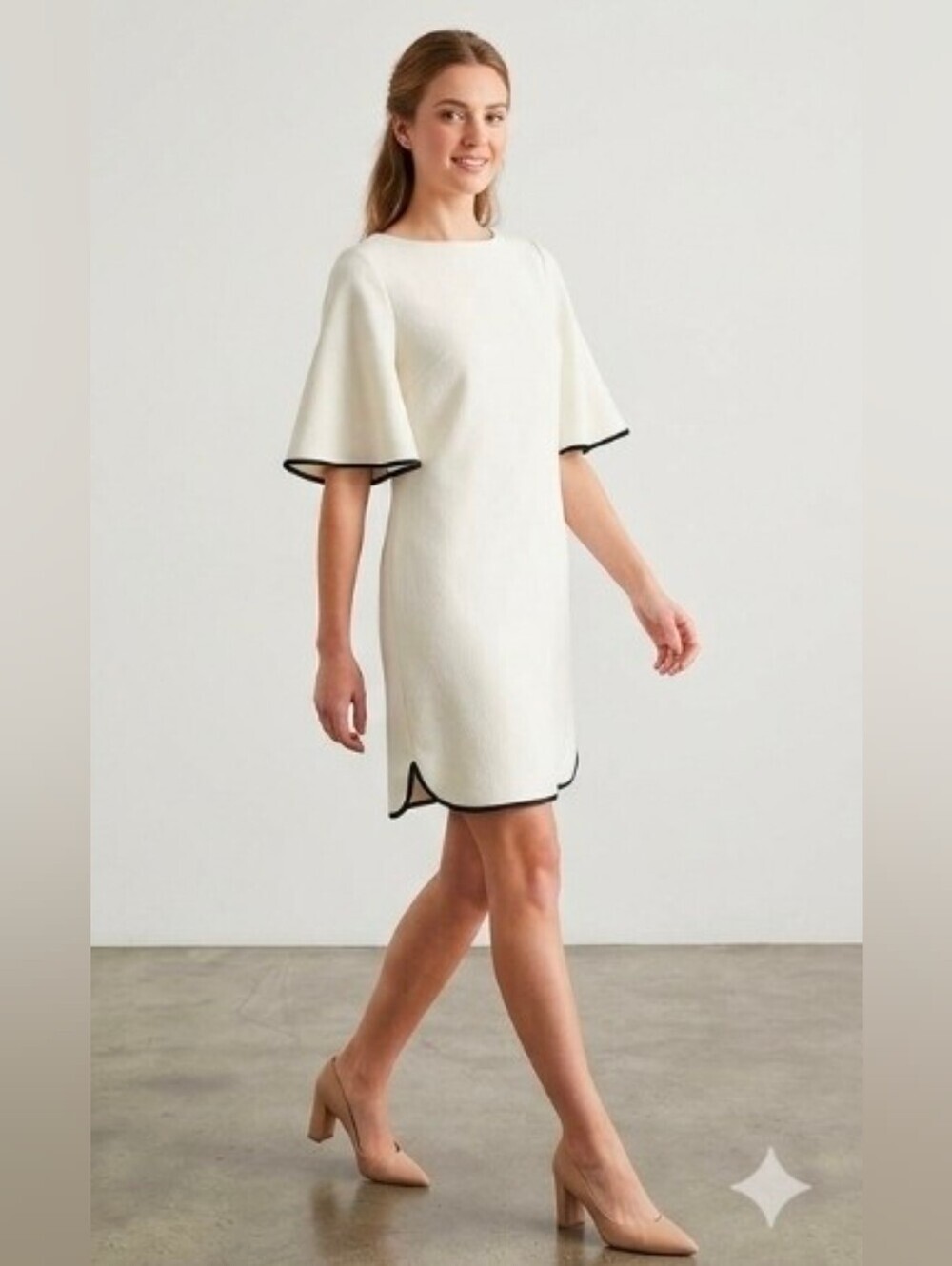 DKNY Ivory Shift Dress With Black Piping & Flutter Sleeve, Size 4